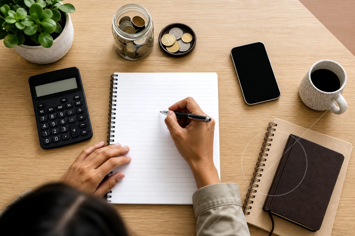 A young adult sits calmly at a cozy desk, reviewing finances with a laptop showing a simple chart and a small savings jar nearby, bathed in warm natural light in a minimalist style.